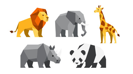 Low poly safari animal set with lion elephant giraffe rhino and panda © Artstock