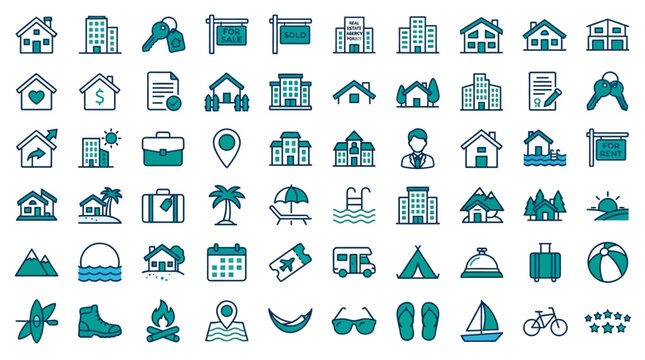 Collection of Real Estate and Travel Icons for Business and Leisure.