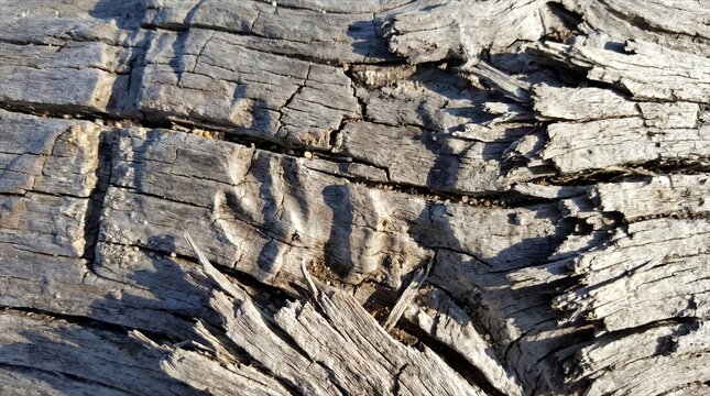 Macro Texture of Ancient Weathered Driftwood Showing Deep Cracks and Wood Grain Patterns