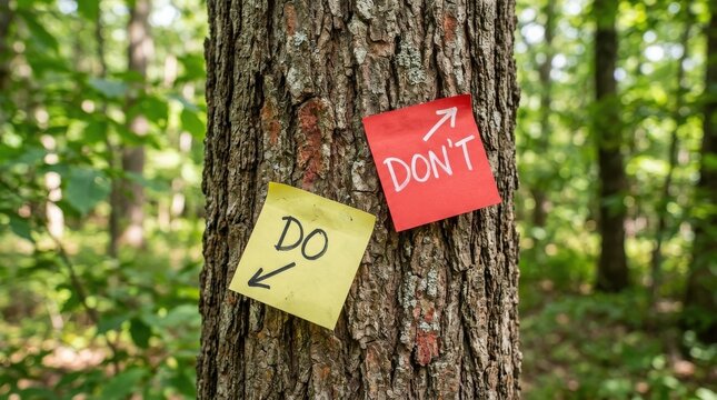 Do and dont signs on a tree trunk in a forest