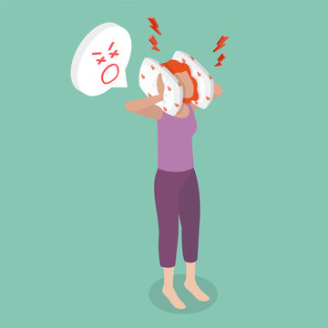 3D Isometric Flat Vector Illustration of Noisy Neighbours, Woman Annoyed By NeighborS Noisy Party, Covers Ears With Pillow To Block Sound