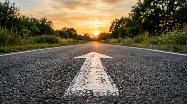 White arrow painted on asphalt road leading towards sunset