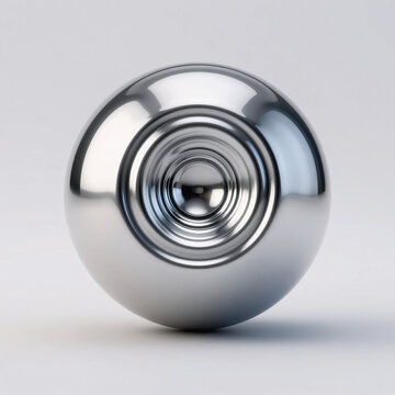 Premium 3D render of a polished liquid chrome sphere with perfect concentric metallic ripples