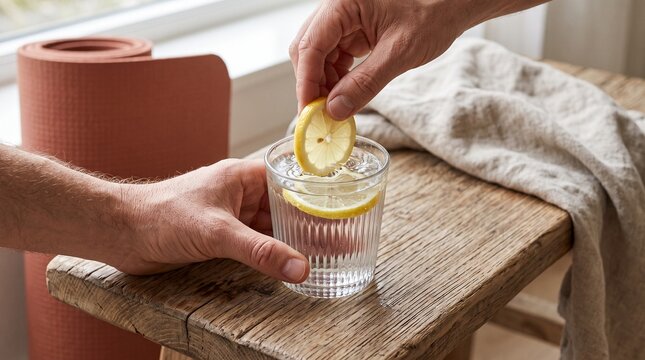 Hands prepare citrus water after a restorative morning yoga session
