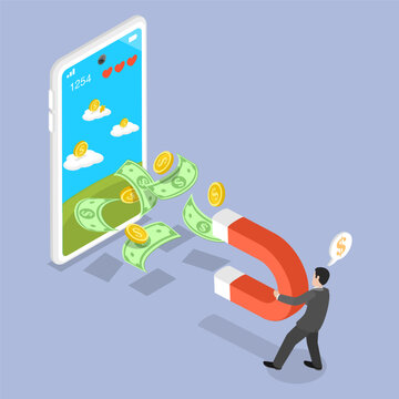 3D Isometric Flat Vector Illustration of Mobile Game Monetization, Youthful Gamer Draws Investors With Successful Mobile Game Profits.