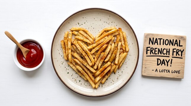 French fries heart shape with ketchup for national french fry day