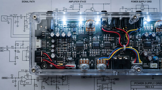 Detailed electronic circuitry and components within a clear-cased audio mixer device, illuminated over a technical schematic diagram.