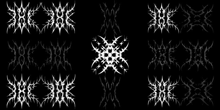 Black metal logo sigils a collection of jagged white designs on a black background