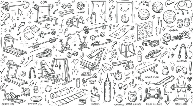 Set of hand drawn fitness and gym equipment icons doodle illustrations with exercise equipment training lifestyle collection dumbbells treadmill kettlebell activity physical