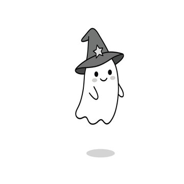 Cute cartoon ghost wearing a witch hat vector illustrator