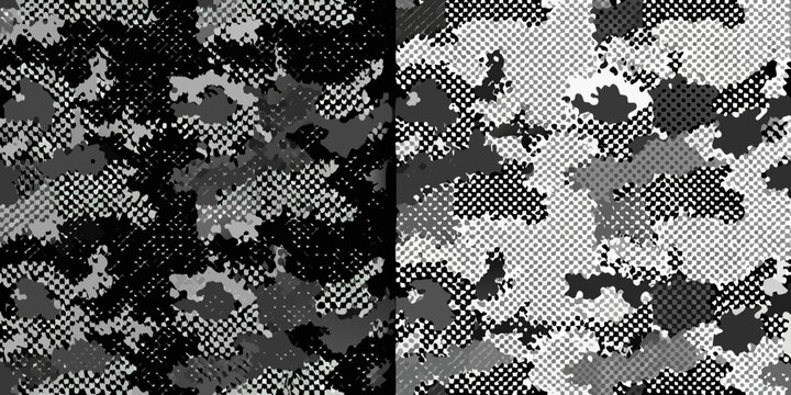 Camouflage pattern in halftone grayscale a repeating texture with irregular geometric shapes camo