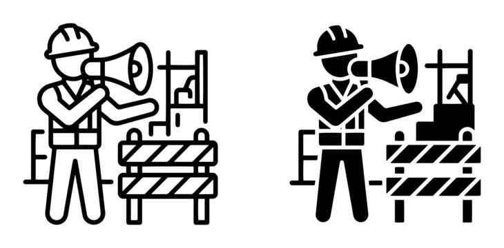 Construction Worker Megaphone Announcement, Safety Barrier Icons. Warning Signal, Site Communication