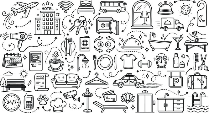 Doodle collection of hotel amenities and travel hospitality icons with hospitality amenities vacation accommodation illustration elements building passport breakfast airplane