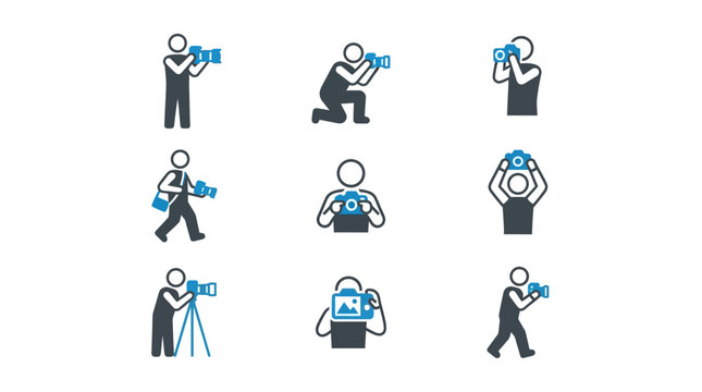 Collection of photographer icons showing different poses and camera equipment.