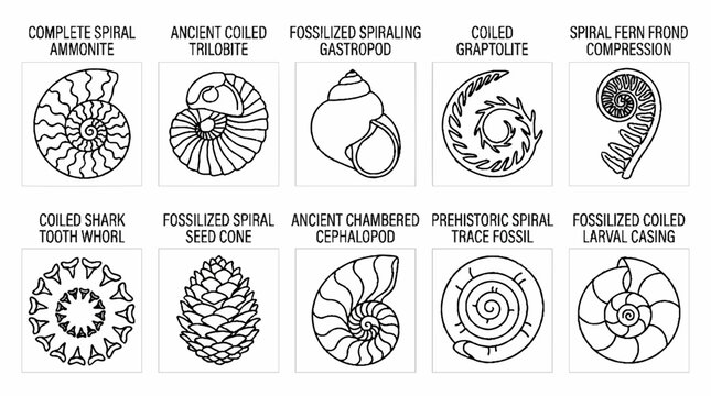 A collection of ten distinct fossilized spiral and coiled prehistoric biological specimens.