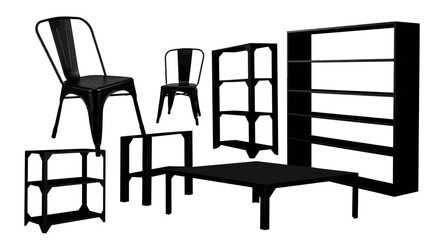 Black metal furniture collection with shelves arranged white background furniture pieces chairs displays various black contemporary accessories © Pabitra