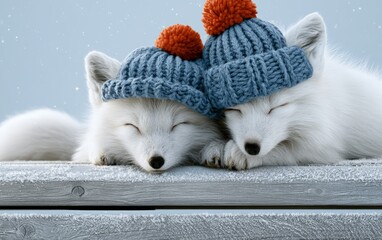 Fototapeta premium Adorable white foxes sleeping peacefully wearing cozy knitted hats in winter snow