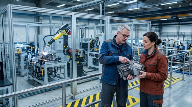 Manufacturing team reviews robotic assembly output safely