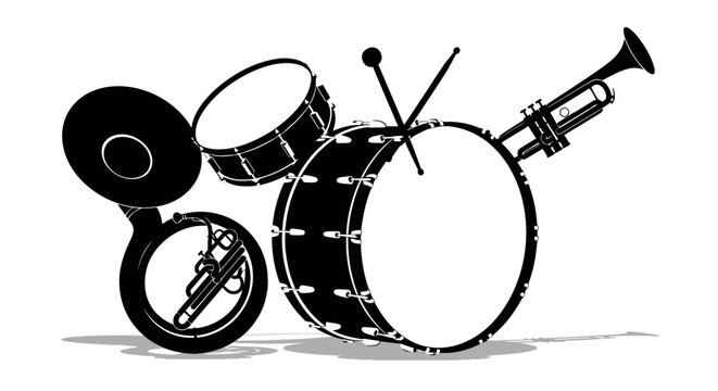 Black and white illustration of musical instruments with illustration various drumsticks trombone trumpet graphic design symbol snare with brass