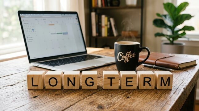 Wooden blocks spelling the word long term on a desk with a laptop and coffee