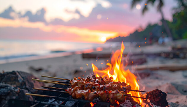 Beachside Barbecue at Sunset with Skewers Grilling Over Open Fire.