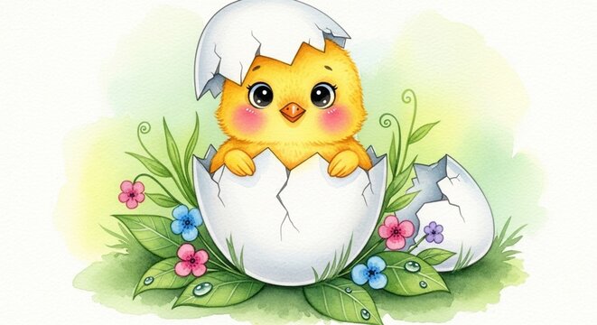 Cute Watercolor Baby Chick Hatching from Egg Clip Art
