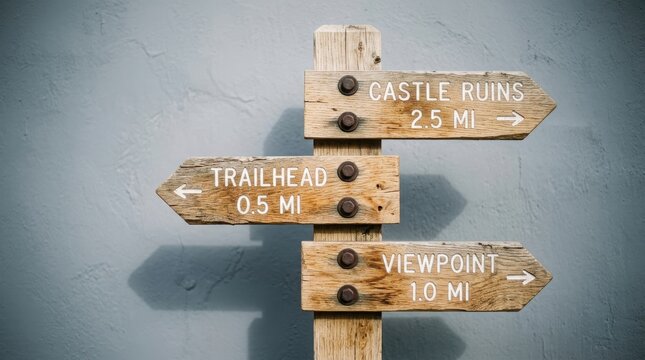 Wooden signpost showing distances to castle ruins, trailhead, and viewpoint