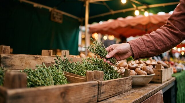 Shopper selects fresh herbs at an illuminated evening market