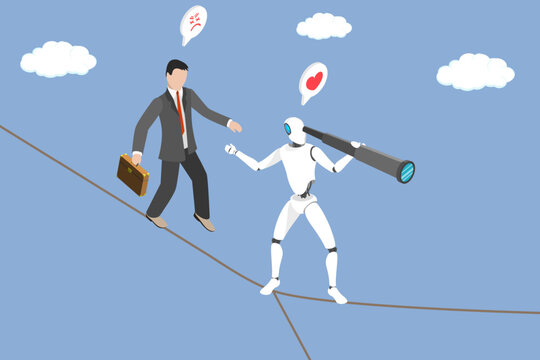 3D Isometric Flat Vector Illustration of AI Assistant, Robot Leading Businessman Walking On Tightrope With Separate Line