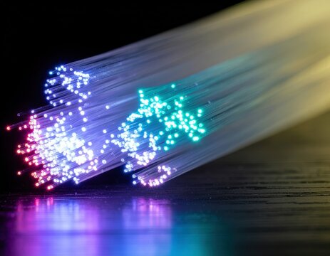 Close Up of Glowing Fiber Optic Cables. Global Internet Infrastructure and Communication Concept