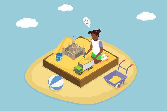 3D Isometric Flat Vector Illustration of Playing In Sandbox, Toy Truck, Bucket, And Sandcastle Drawing