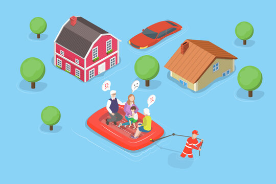 3D Isometric Flat Vector Illustration of Flood, Elderly And Child Rescued From Floodwaters Highlight Importance Of Emergency Response And Community Support
