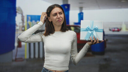 Woman holding a pale blue ribboned gift box scratches her head and squints at the package in a gas station building by fuel pumps and a parked car  confusion. © Krakenimages.com