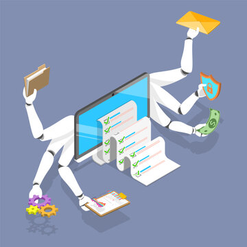 3D Isometric Flat Vector Illustration of RPA, Robotic Process Automation Concept, Computer With Robotic Arms Doing Automated Tasks
