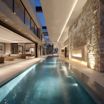 Modern indoor swimming pool with blue water and stone walls