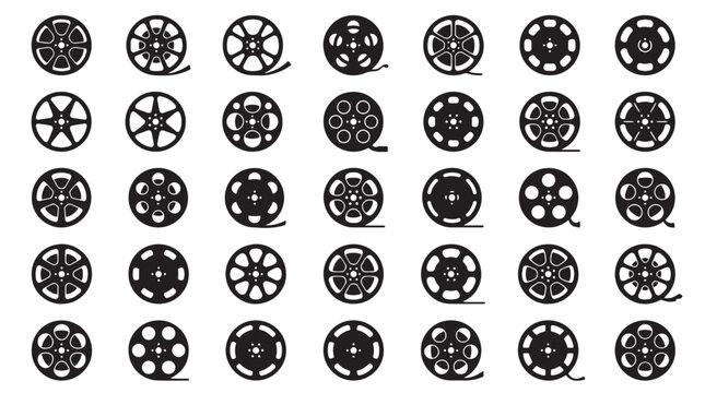 Vintage film reel icons set, 35 black cinema movie spool vector symbols, minimalist cinematography equipment silhouettes for video production