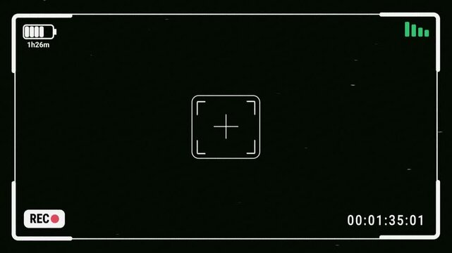 Night Digital camera texture vhs viewfinder recording overlay on black background with noise. 4K Video