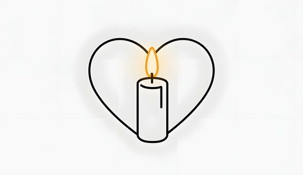 Burning Candle with Heart Outline Line Art Vector Illustration for Memorial Condolence Hope Peace Love and Vigil Concept