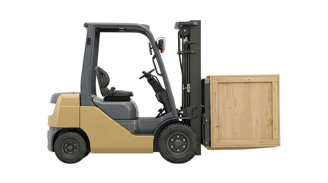 Industrial Forklift with Wooden Cargo Box Logistics Equipment Isolated PNG