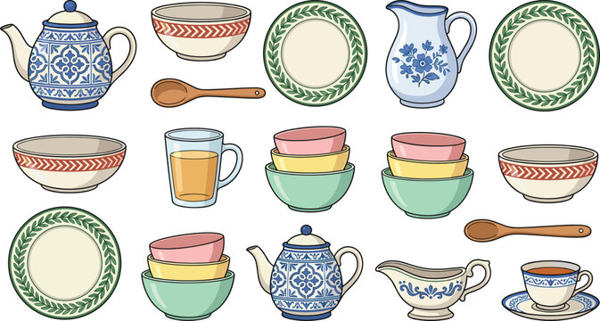 Ornate Traditional Ceramic Dinnerware Collection Vector Icon Set with Chintz Pattern Teapots, Foliage Border Plates, Colorful Bowls, and Country Tableware
