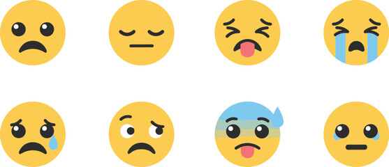 Naklejka premium Set of Eight Yellow Emoji Faces Expressing Different Emotions emoticon expression