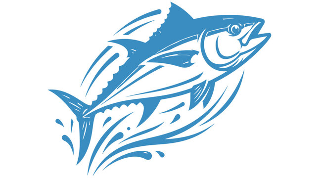 A stylized blue tuna fish jumping and splashing in the water in a dynamic cartoon vector illustration design style