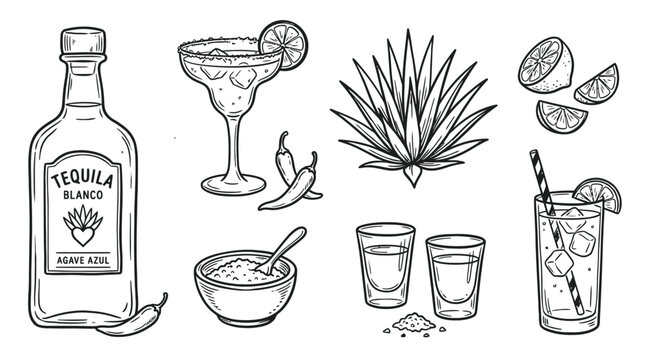 Hand drawn set of tequila bottle margarita cocktail agave plant lime and shot glasses for a mexican drink theme