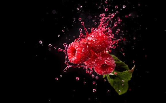 Red raspberries splashing in liquid on black background