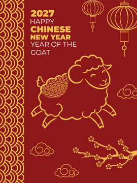 2027 Chinese New Year golden outline goat greeting card banner