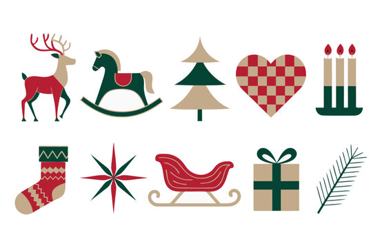 Traditional christmas element icons featuring reindeer sleigh and holiday decorations, christmas