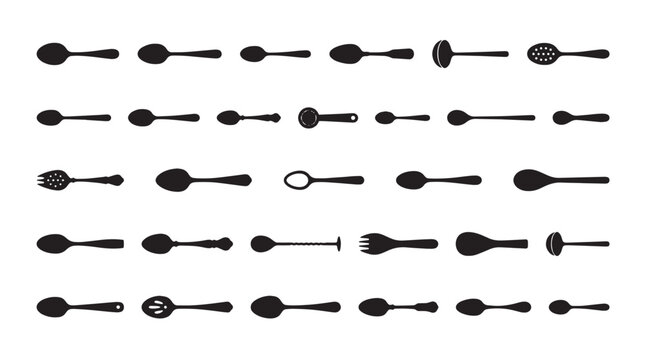 Minimalist spoon silhouettes set, 35 kitchen utensil vector icons, black cutlery and silverware collection for restaurant menu design