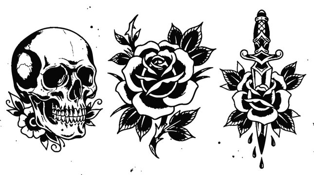 Set of classic traditional tattoo style black and white drawings featuring a human skull a rose and a dagger with flower