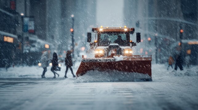 Snow plow clearing heavy snowfall on busy urban street with pedestrian crossing