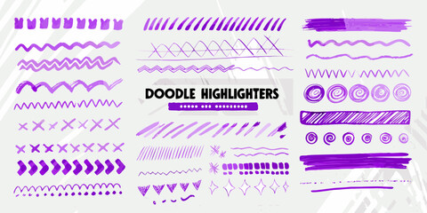 Purple doodle highlighter set with various line patterns and circular shapes vector illustration © Partha